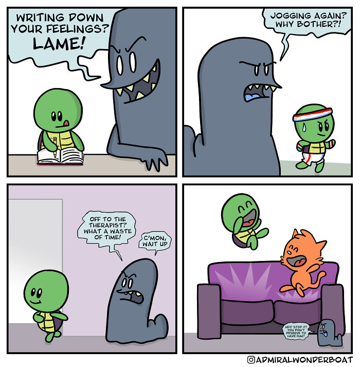 Cute and honest comic panels showing a character coping with depression and anxiety through different activities.