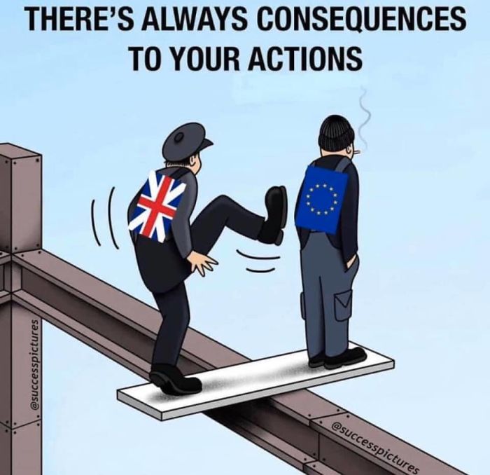 A cartoon showing a man with an England flag kicking a man with an EU flag off a plank of wood that is balanced on a beam. A humourous look at what Europe thinks of England. The caption reads "There's always consequences to your actions"