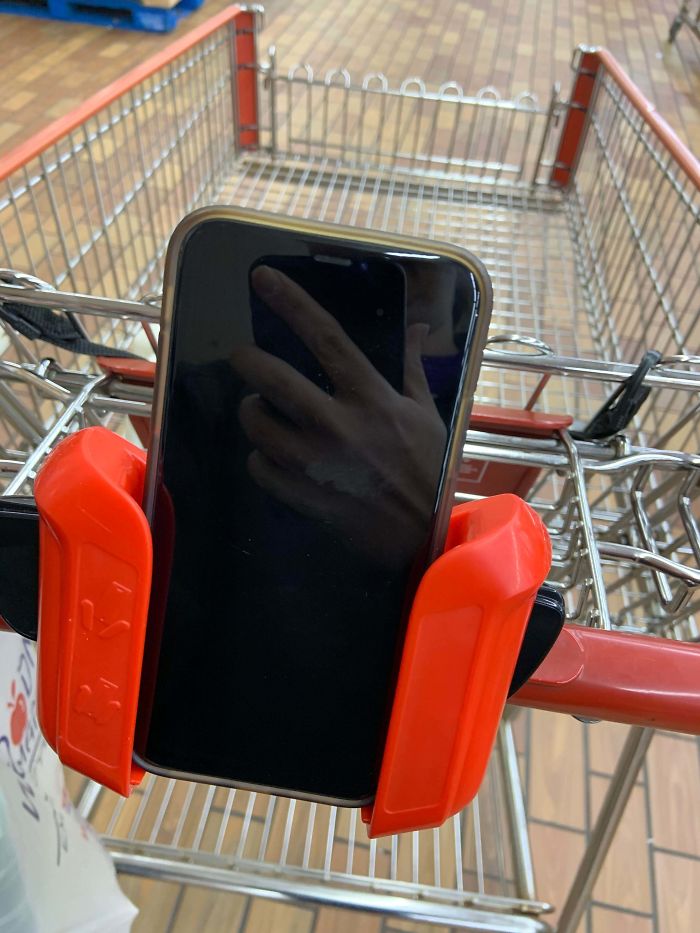 Grocery Store Cart Has An Adjustable Phone Mount So Your Digital Grocery List Is Easily Visible Without Holding Your Phone