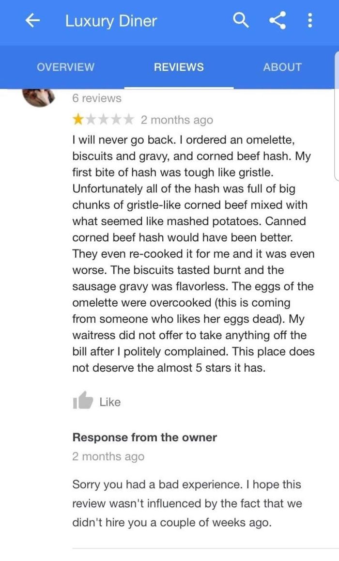 Woman Gives Bad Review Because She Didn't Get Hired