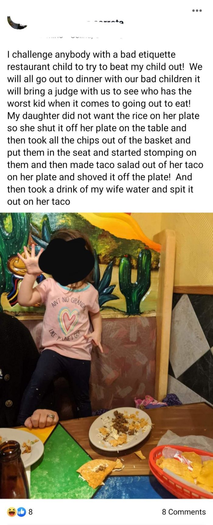 Parents Bragging On Facebook About Their Kid's Awful Behavior While Out To Dinner At A Restaurant
