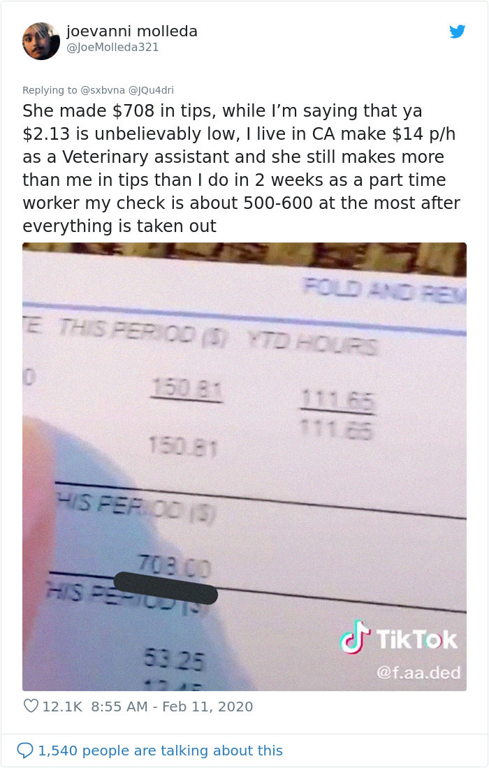Mom Shares A TikTok Of Her $9.28 Paycheck After Working For 70 Hours As A Waitress