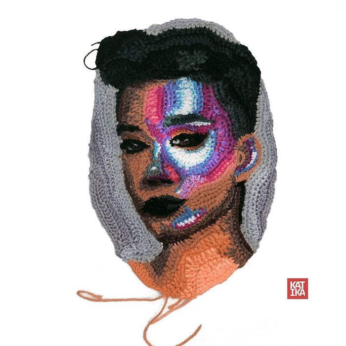 Crochet portrait artwork featuring a colorful, textured face created by a skilled crochet artist.