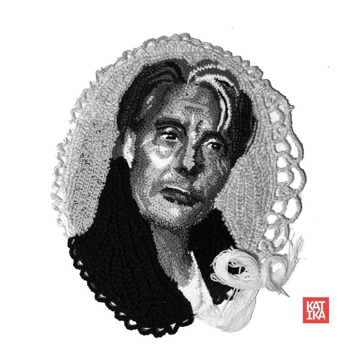 Crochet portrait of a contemplative person in grayscale, showcasing detailed crochet art by a crochet artist.