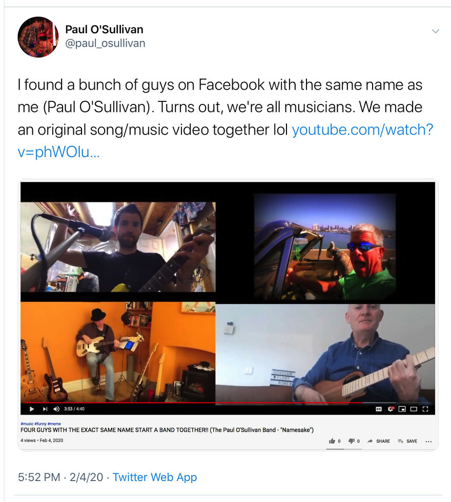 Guy Named Paul Osullivan Finds Other Paul Osullivans Online. They Wrote A Song And Made A Music Video Together. Guy Named Paul Osullivan Finds Other Paul Osullivans Online. They Wrote A Song And Made A Music Video Together.