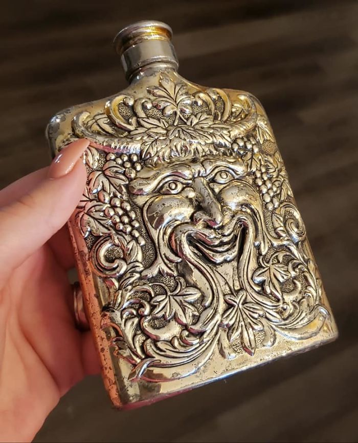 Really Interesting Flask I Found At An Estate Sale In New Hampshire. I'm Assuming It's Supposed To Be Greenman But I'm Not Sure. It's Pretty Heavy And A Bit Tarnished, But Probably One Of My Favorite Finds! I Got Him For $5