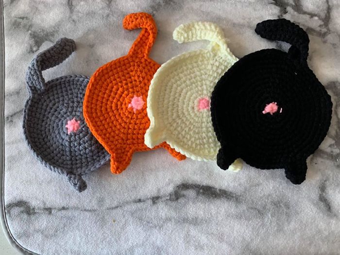 In Today’s Second Hand Shop Outing I Found The Perfect Addition To Our Home. Cat Butthole Coasters. Crocheted Cat Butthole Coasters. Pure Gold. Seriously I’m Baffled At Why These Were Donated