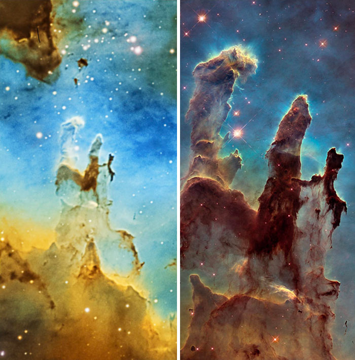 Los Pilares de la creación, vistos con un telescopio casero VS con el telescopio Hubble