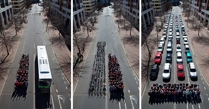 Esta foto del transporte de Canberra fue tomada para mostrar el espacio que ocupa mover a 69 personas en autobús, bicicletas y coches