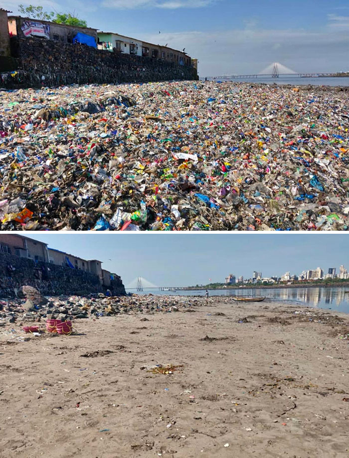 Los jóvenes llevan un año limpiando el río Mithi en Mumbai, antes vs ahora