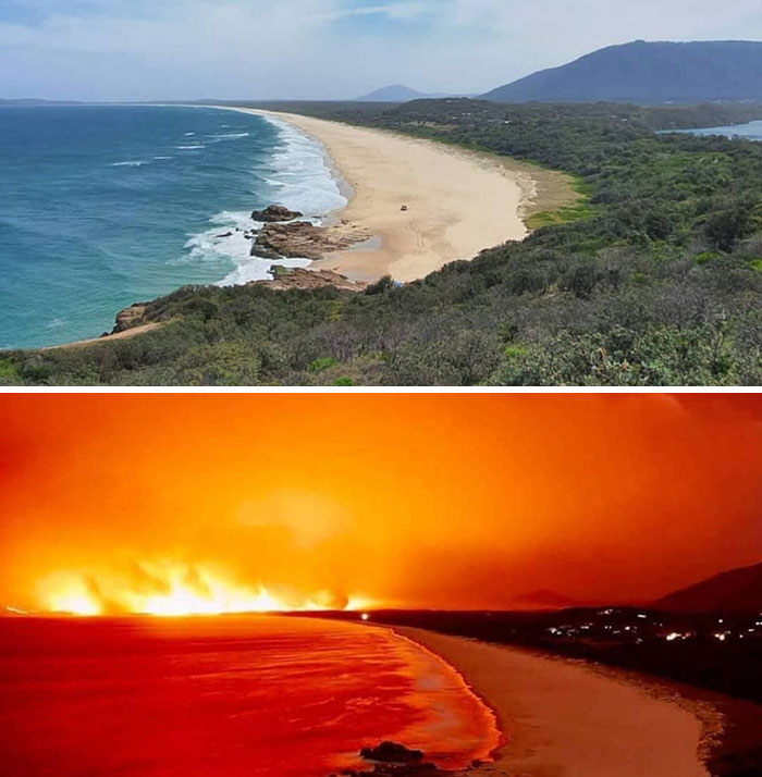 Australia On Fire. Pictures Taken From Charles Hamey Lookout Dunbogan / Camden Head Near Port Macquarie 1 Week Apart