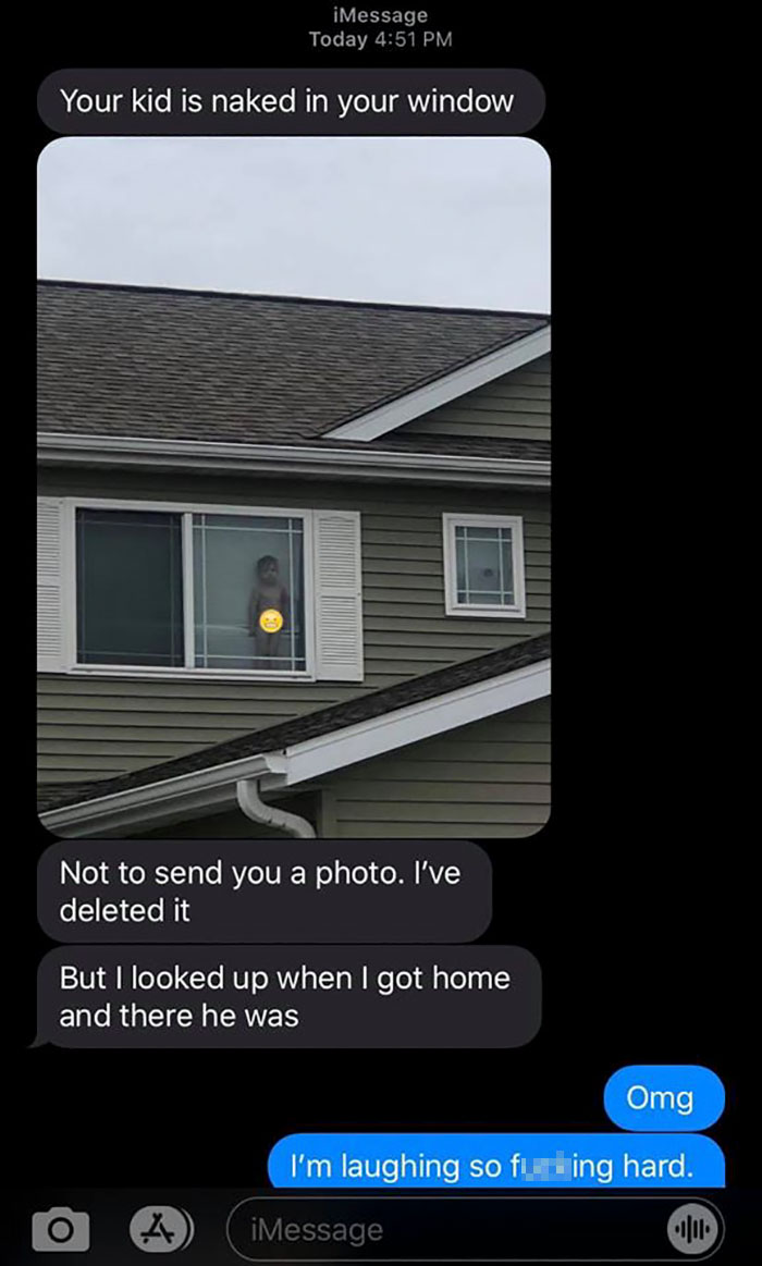 "Your Kid Is Naked In Your Window:" Neighbor Texts Mom A Pic Of Her 2-Year-Old, And Their Exchange Is Hilarious