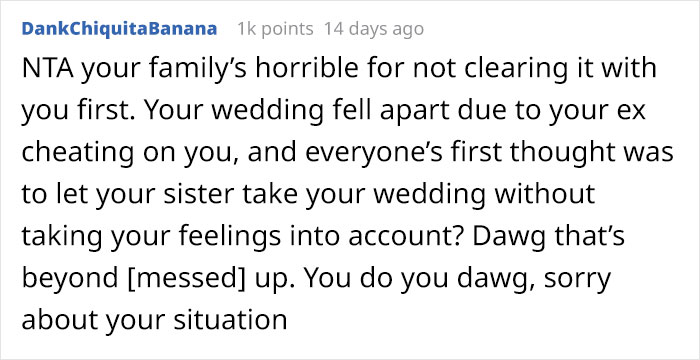Woman Gets Cheated On 3 Weeks Before Her Wedding, Asks If She's A Jerk For Not Letting Her Sister Get Married Instead
