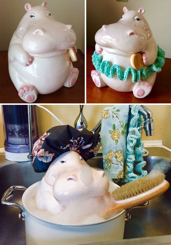 I Did Not Need A Cookie Jar But There Was No Walking Away From This Silly Gal. A Good Friend Recommended I Make Her A Tutu, So I Did, Of Course. Now The Hippo Has A Name - Stella - And Has Taken Over The House