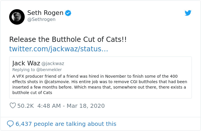 Seth Rogen Decides To Watch "Cats" While In Quarantine, Gets High, And Writes A Review