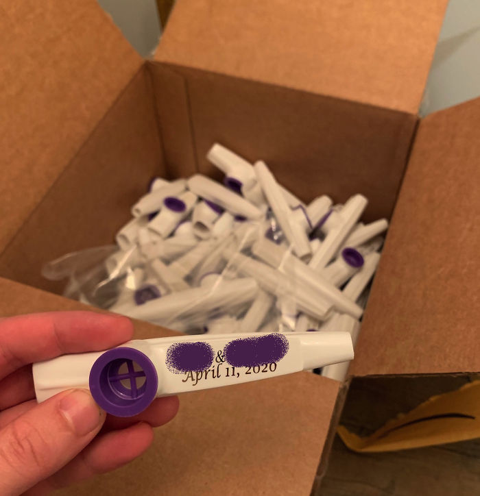 Behold, 125 Kazoos With Our Wedding Date On Them That Arrived At Our Door The Day We Emailed Everyone To Tell Them The Wedding Was Postponed