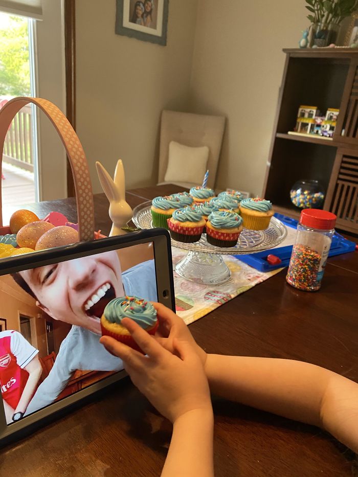 My Daughter Feeding My Brother A Cupcake During His Virtual Birthday Party