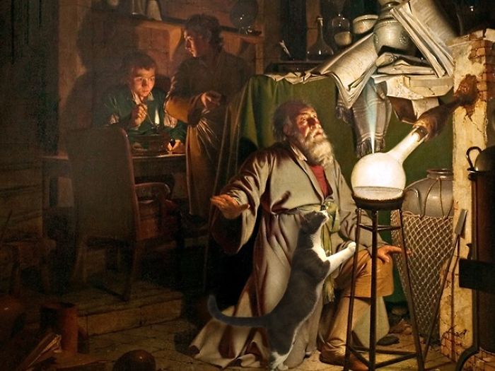 "The Alchemist Discovering Phosphorus" With Moochie, Joseph Wright Of Derby