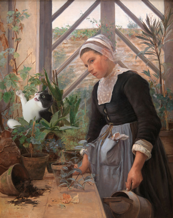 "Breton Girl Looking After Plants In The Hothouse" With Moochie, Anna Petersen