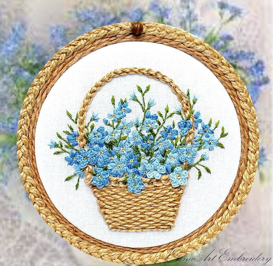 Embroidery Hoop Art. Basket Of Flowers. 3D Embroidery