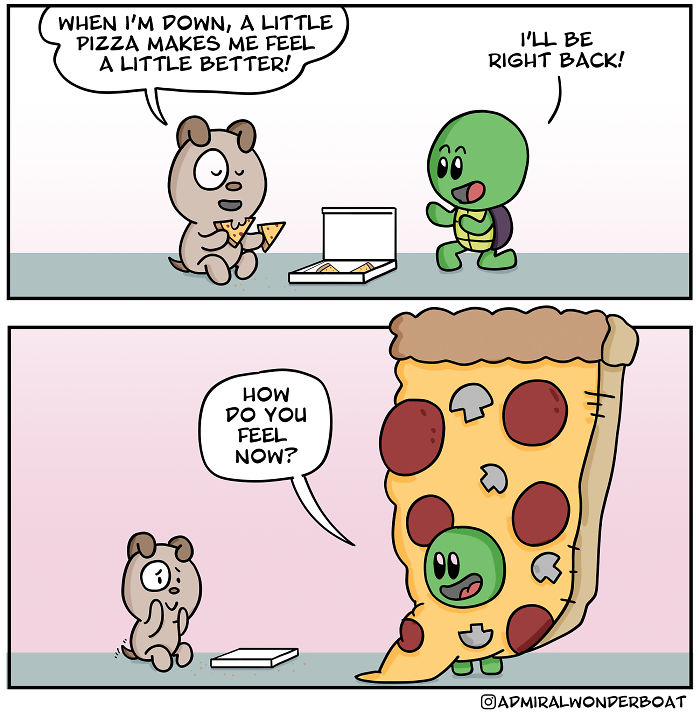 Cute comic shows characters using pizza to cope, illustrating relatable moments for people with depression and anxiety.