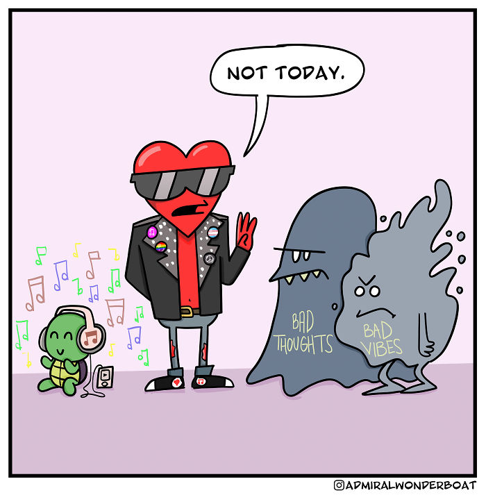 Heart character in a leather jacket refuses bad thoughts and bad vibes, while a turtle listens to music, depicting depression and anxiety.