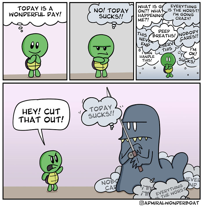 Comic showing a turtle dealing with anxious and negative thoughts, illustrating feelings related to depression and anxiety.