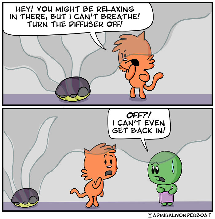 Cartoon illustrating anxiety and depression through characters struggling with a diffuser emitting smoke in two panels.