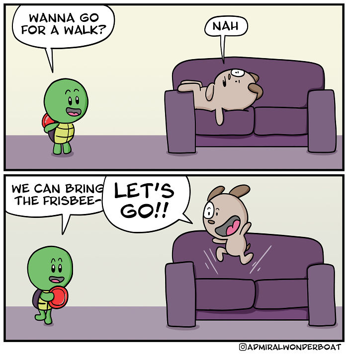 Comic showing a turtle inviting a dog to walk, highlighting relatable moments for people with depression and anxiety.