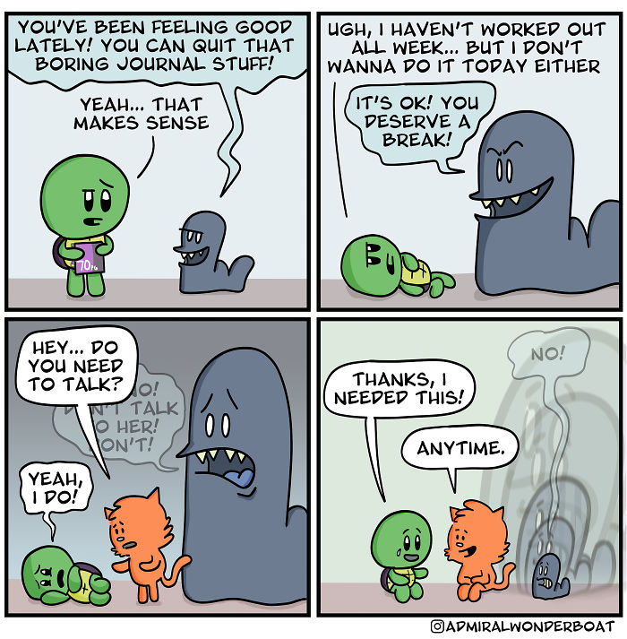 Comic panels showing cute characters expressing feelings of depression and anxiety, offering support and understanding.