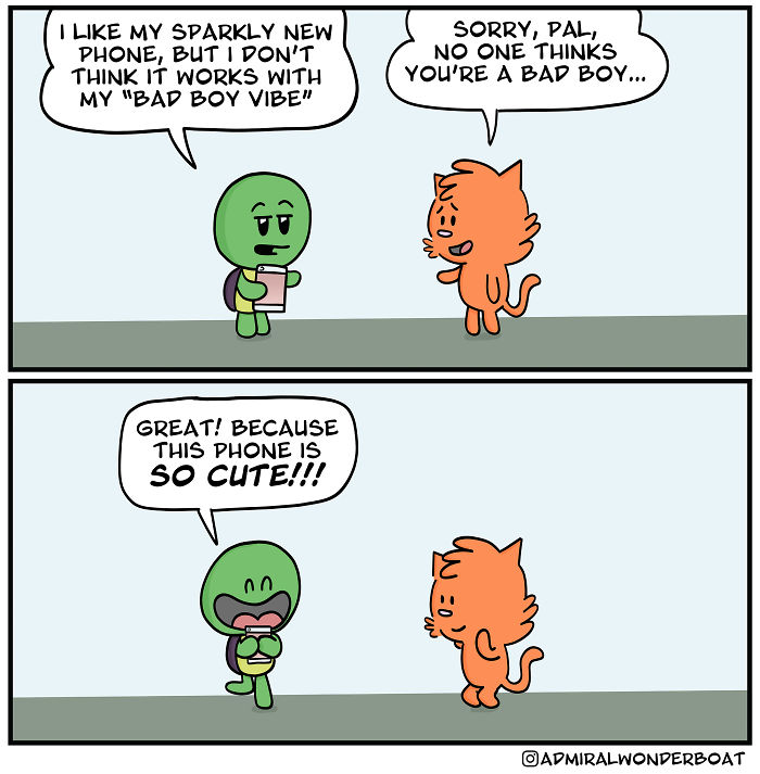 Comic featuring two characters humorously discussing a phone and bad boy vibe, relatable to depression and anxiety.