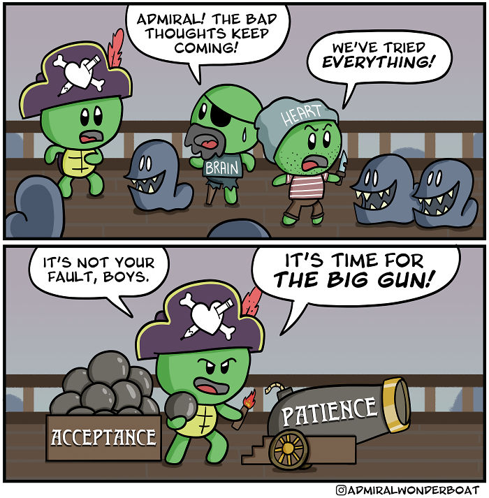 Cartoon characters representing brain and heart fighting shadows with acceptance and patience, depicting depression and anxiety struggles.