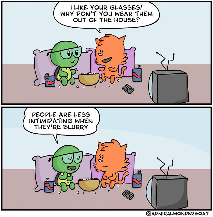 Cartoon characters discussing wearing glasses and feeling less intimidated, illustrating relatable anxiety and depression moments.