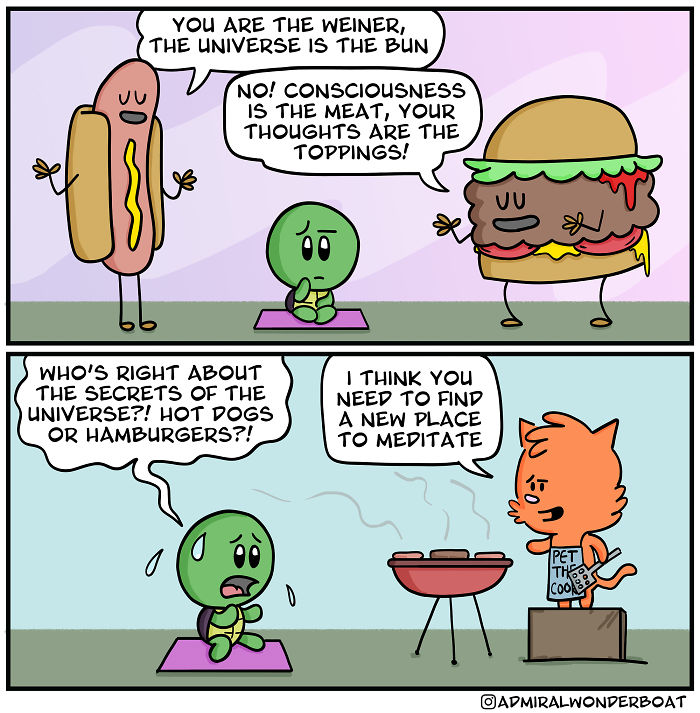 Cartoon characters humorously debating hot dogs and hamburgers, depicting relatable comics for depression and anxiety.
