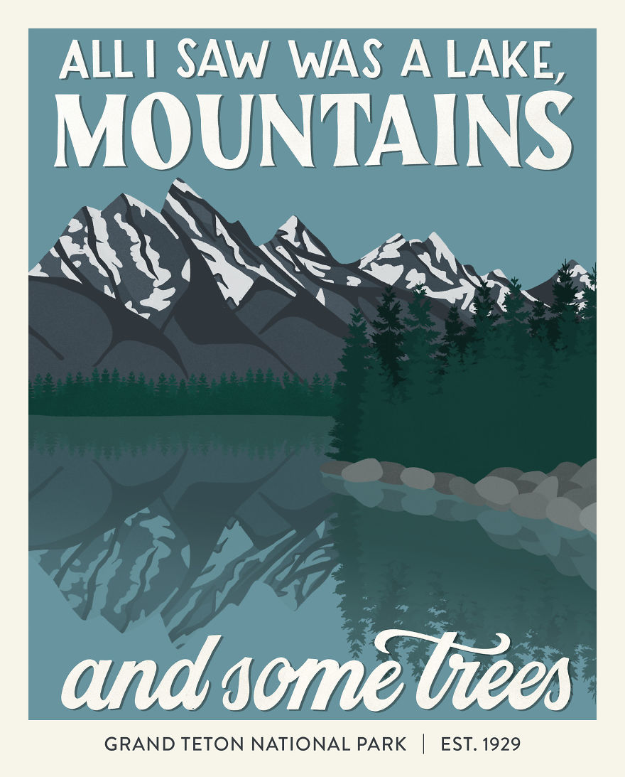 illustrated snowy mountains and the forest 