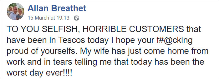 Husband Rips Apart Panic Buyers In A Powerful Facebook Post After His Wife Came Back From Work In Tears