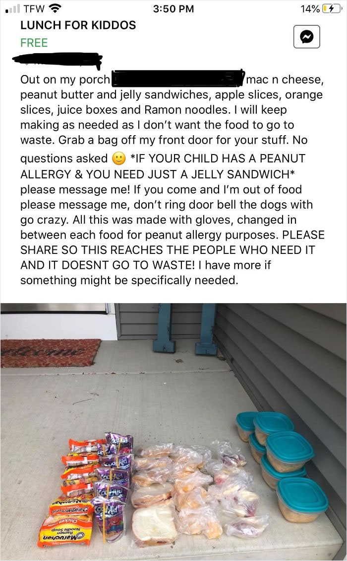 Today On My Buy And Sell Facebook Group A Woman Posted Free Lunch For Any Kids That Need It Since School Was Cancelled (Censored Address And Location)