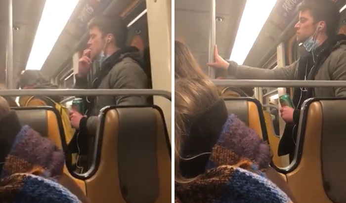 Footage Of Man Smearing Saliva On Brussels Metro. Police Intervened And The Whole Train Was Disinfected