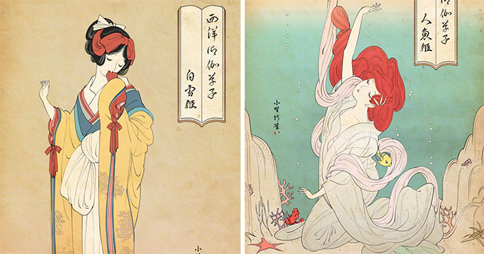 Artist Draws Disney Princesses And Sailor Moon In A Unique Style That Looks Like Traditional Japanese Prints