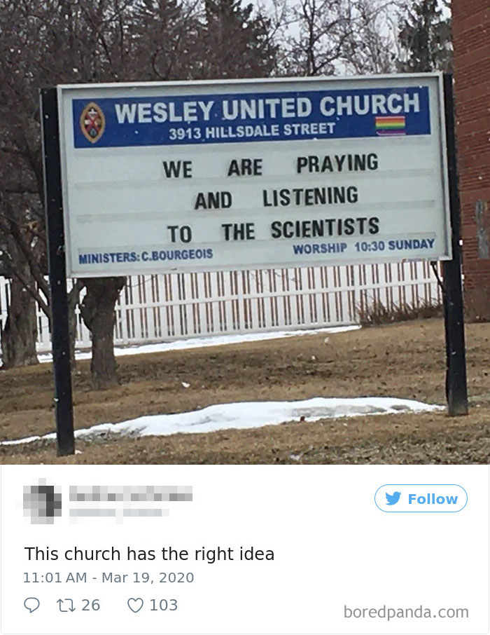 Church sign - ‘We are praying and listening to the scientists’