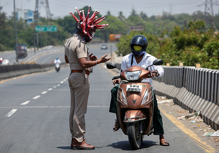 Policeman In India Creates A Coronavirus Helmet To Frighten People Who Refuse To Stay At Home