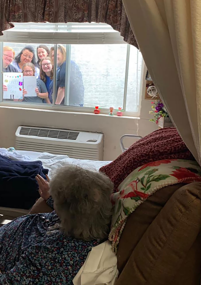 Still No Visitors At The Nursing Home But We Had To See Nanny And Sing To Her For Her Birthday. So We Gathered Outside Her Window To See Her