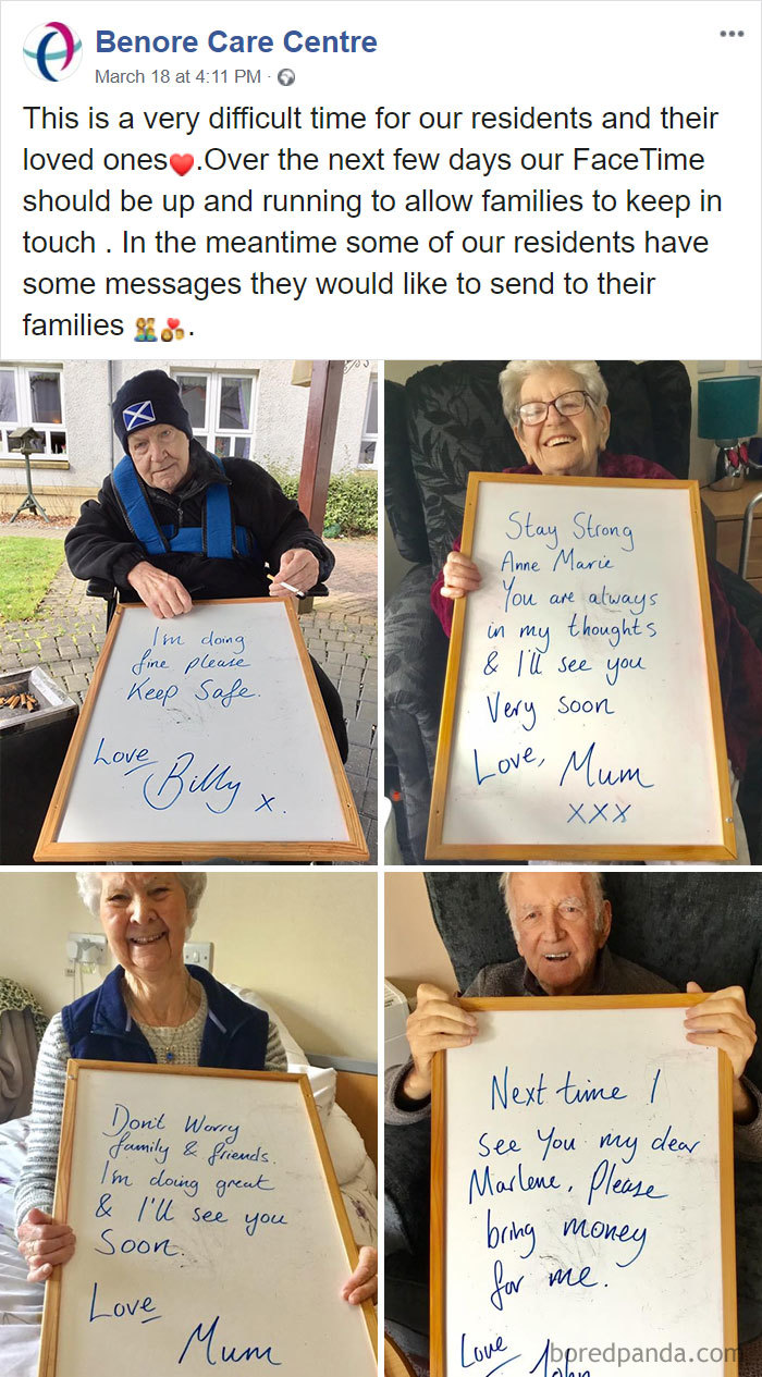 Elderly Residents In A Care Home In Scotland Have Not Been Allowed Visitation From Their Loved Ones Due To Covid 19. The Carers Are Using Facebook To Keep In Touch With Their Families To Let Them Know They Are Safe