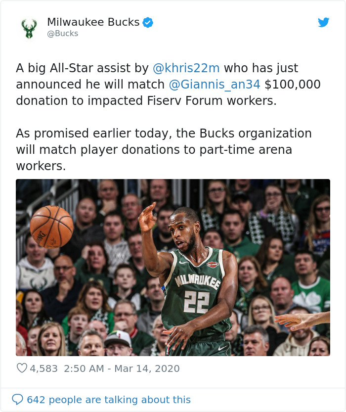 Khris Middleton Donated $100,000 To Help Workers Of Fiserv Forum