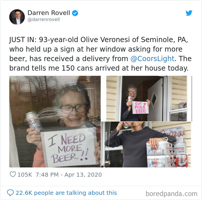 She Held Up A Sign In Her Window Saying She Needs More Beer, And Before Long She Was Suprised With 150 Cans Of Her Favorite Ale