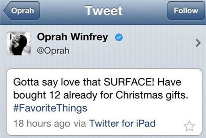 Oprah Made The Mistake Of Promoting The 'Microsoft Surface' While Tweeting From Her 'Apple' Device