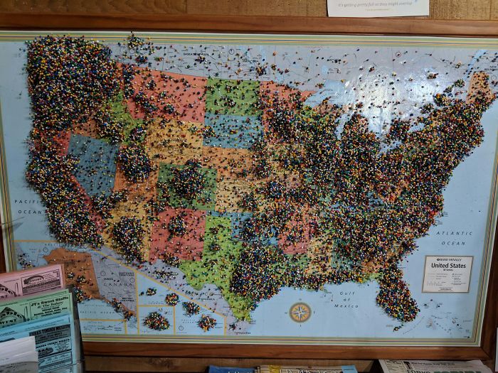 This Map With Pins Where Visitors Are From. Photo Taken At Forks Timber Museum, WA, USA