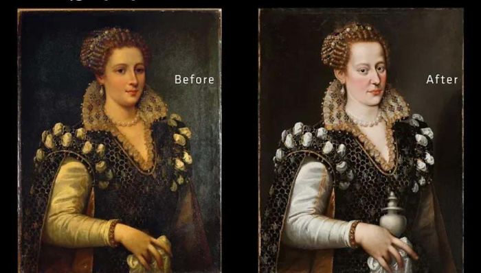 The Restoration Of Isabella De' Medici Reveals That The Image On The Left Was Painted Over The Original Image On The Right. Her True Beauty Still Wasn't Enough For That Time Period.