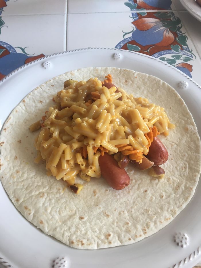 Hotdogs, Soy Sauce Mac N Cheese, Honey Mustard Pretzels, And BBQ Fritos On A Tortilla