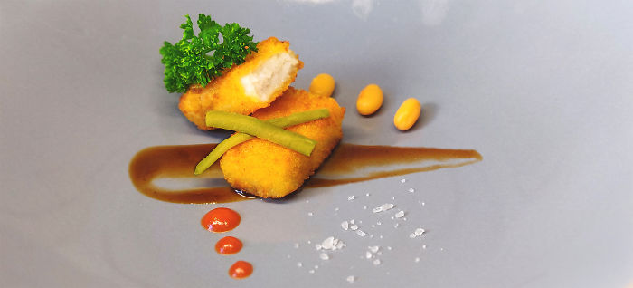Fish Finger And De-Sauced Beans On A Bed Of H.P. Reduction